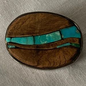 Wood & Turquoise brooch. Native American. Signed